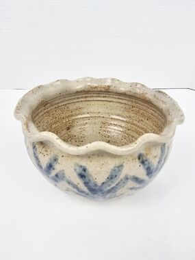 Little Mountain Pottery Stoneware Bowl~Ruffled~Blue Floral~Brown Speckled
